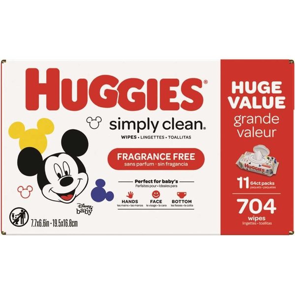 Huggies Simply Clean Unscented Baby Wipes, 11 Flip Lid Packs 704-Wipes Total, 704PK 53611
